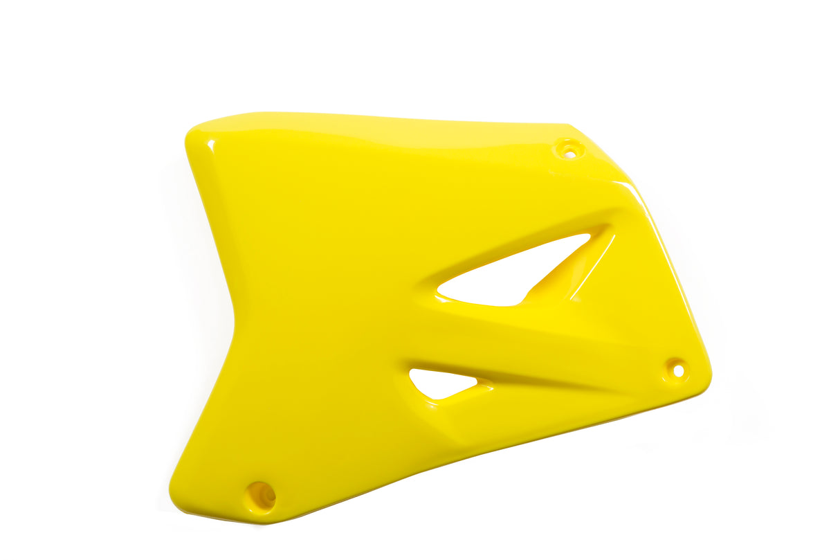 Yellow Acerbis radiator scoops for Suzuki RM125 and RM250 motorcycles, model years 2001-2008