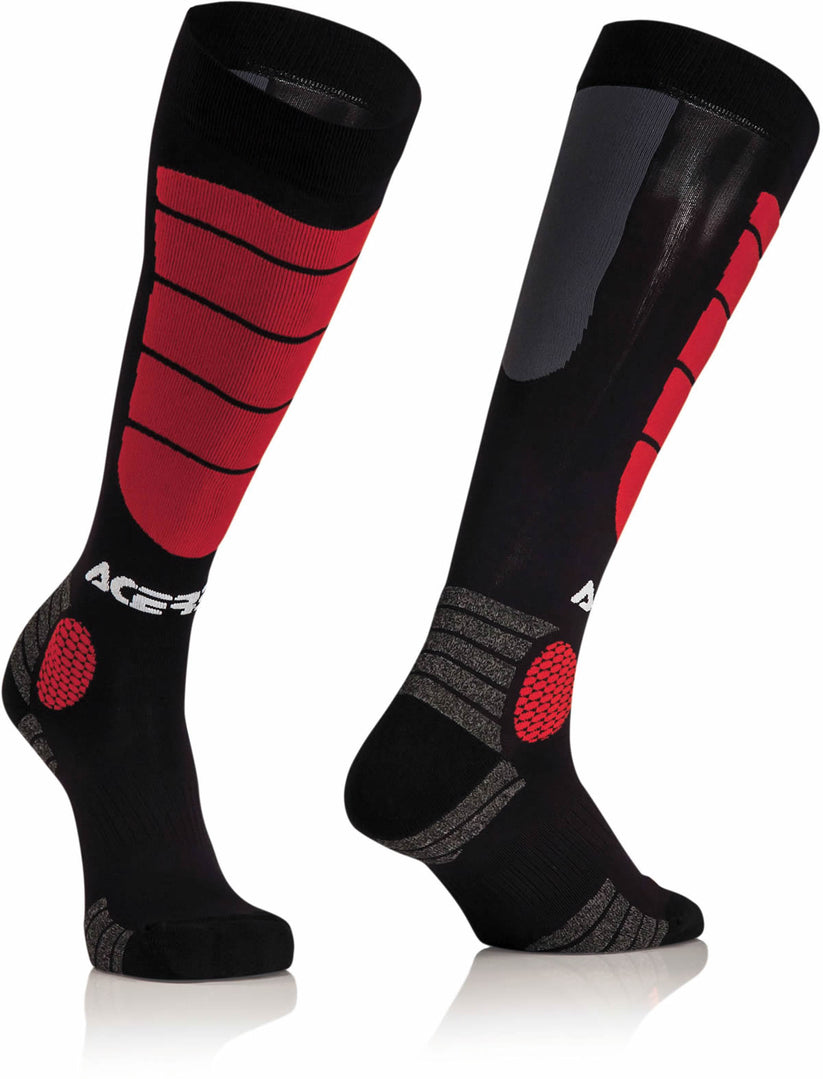 Black and red Acerbis kids socks displayed on a white background