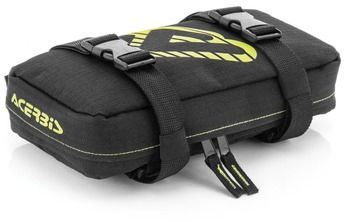 Acerbis Front Fender Toolbag securely attached to motorcycle front fender, durable black material, ideal for carrying essential tools during off-road rides