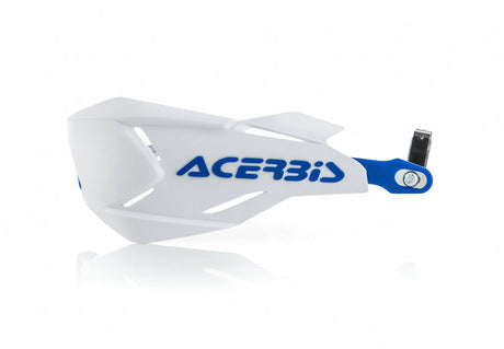 White and blue Acerbis X-Factory handguards for Beta, Ducati, Fantic, GasGas, Honda, Husqvarna, Kawasaki, KTM, Sherco, Suzuki, TM, and Yamaha 125-610 motorcycles, model years 1990-2024.