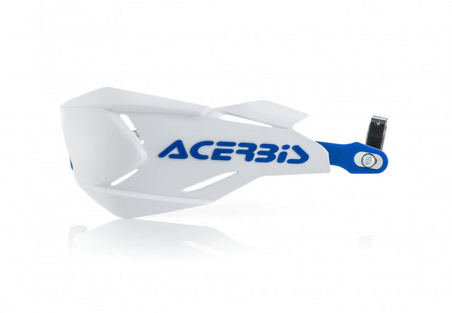 White and blue Acerbis X-Factory handguards for Beta, Ducati, Fantic, GasGas, Honda, Husqvarna, Kawasaki, KTM, Sherco, Suzuki, TM, and Yamaha 125-610 motorcycles, model years 1990-2024.