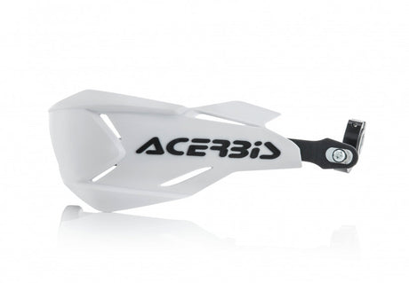 Acerbis X-Factory handguards in white and black for Beta, Ducati, Fantic, GasGas, Honda, Husqvarna, Kawasaki, KTM, Sherco, Suzuki, TM, and Yamaha 125-610 motorcycles (1990-2024)
