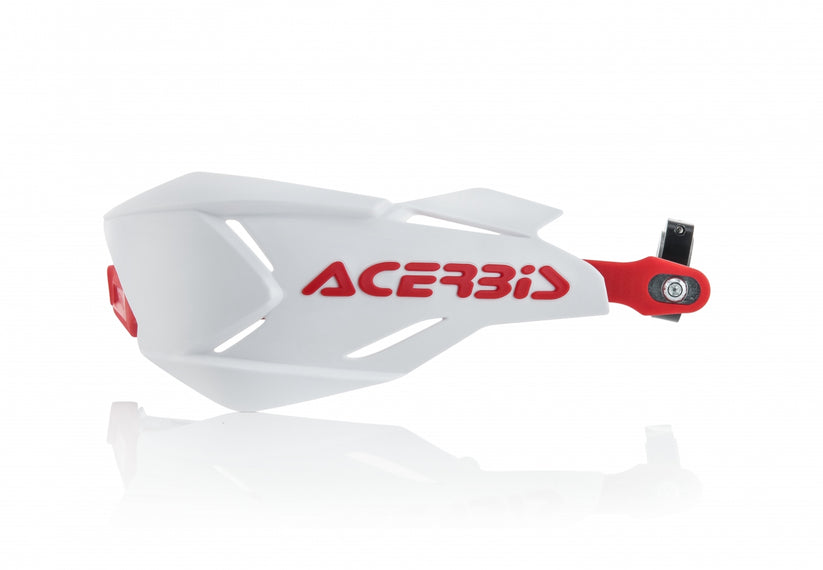 Acerbis X-Factory white and red handguards for Beta, Ducati, Fantic, GasGas, Honda, Husqvarna, Kawasaki, KTM, Sherco, Suzuki, TM, Yamaha 125-610 motorcycles (1990-2024)