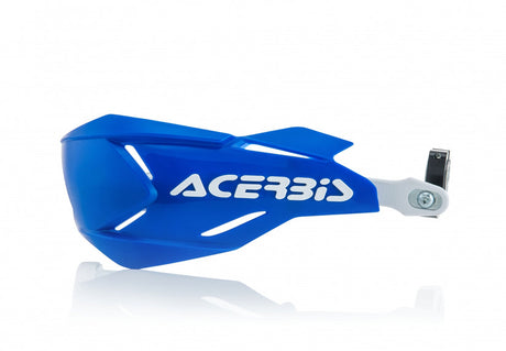 Blue and white Acerbis X-Factory handguards for Beta, Ducati, Fantic, GasGas, Honda, Husqvarna, Kawasaki, KTM, Sherco, Suzuki, TM, Yamaha 125-610 motorcycles, 1990-2024