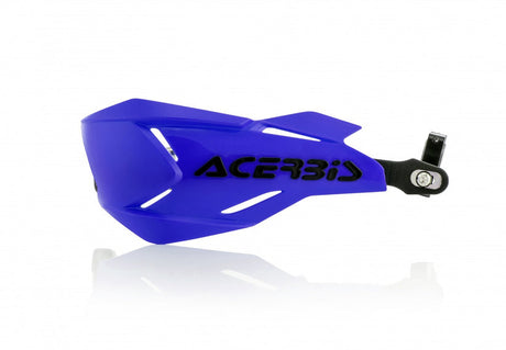 Blue and black Acerbis X-Factory handguards for Beta, Ducati, Fantic, GasGas, Honda, Husqvarna, Kawasaki, KTM, Sherco, Suzuki, TM, and Yamaha 125-610 motorcycles, model years 1990-2024
