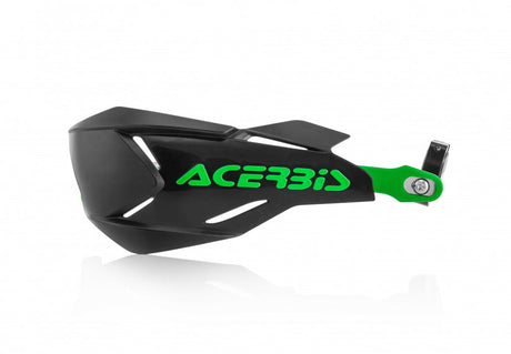 Black and green Acerbis X-Factory handguards for Beta, Ducati, Fantic, GasGas, Honda, Husqvarna, Kawasaki, KTM, Sherco, Suzuki, TM, and Yamaha motorcycles 125-610 1990-2024