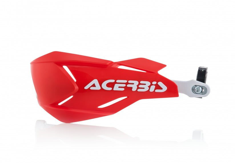 Acerbis X-Factory red and white handguards for Beta, Ducati, Fantic, GasGas, Honda, Husqvarna, Kawasaki, KTM, Sherco, Suzuki, TM, and Yamaha 125-610 motorcycles (1990-2024)