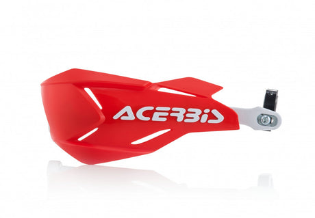 Acerbis X-Factory red and white handguards for Beta, Ducati, Fantic, GasGas, Honda, Husqvarna, Kawasaki, KTM, Sherco, Suzuki, TM, and Yamaha 125-610 motorcycles (1990-2024)