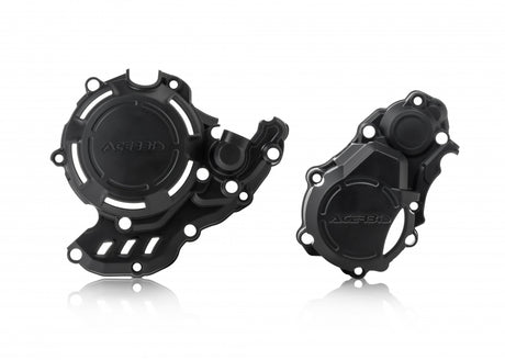 Black Acerbis X-Power crankcase and ignition/clutch covers for KTM, GasGas, and Husqvarna EX, MC, FC, FX, SX-F, and XC-F 250-350 motorcycles, model years 2016-2023.