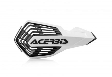 Acerbis X-Future Handguards in white and black for motocross and enduro bikes, compatible with Beta, Fantic, GasGas, Honda, Husaberg, Husqvarna, Kawasaki, KTM, Sherco, Stark, Suzuki, TM, and Yamaha models 85-650cc (1990-2024).