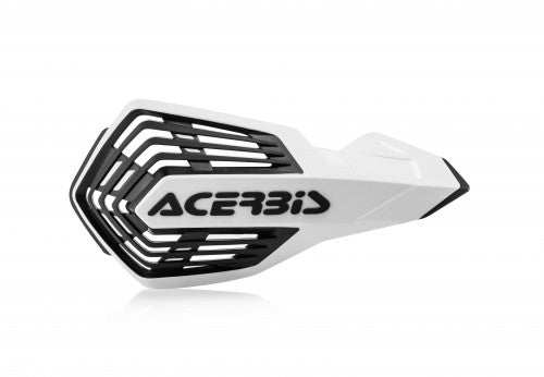 Acerbis X-Future Handguards in white and black for motocross and enduro bikes, compatible with Beta, Fantic, GasGas, Honda, Husaberg, Husqvarna, Kawasaki, KTM, Sherco, Stark, Suzuki, TM, and Yamaha models 85-650cc (1990-2024).