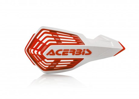 White and red Acerbis X-Future handguards compatible with Beta, Fantic, GasGas, Honda, Husaberg, Husqvarna, Kawasaki, KTM, Sherco, Stark, Suzuki, TM, and Yamaha motorcycles (85-650cc, 1990-2024)