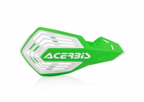 Green and white Acerbis X-Future handguards for Beta, Fantic, GasGas, Honda, Husaberg, Husqvarna, Kawasaki, KTM, Sherco, Stark, Suzuki, TM, and Yamaha motorcycles 85-650cc (1990-2024)