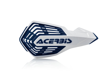 White and blue Acerbis X-Future handguards for Beta, Fantic, GasGas, Honda, Husaberg, Husqvarna, Kawasaki, KTM, Sherco, Stark, Suzuki, TM, and Yamaha motorcycles 85-650cc, model years 1990-2024.