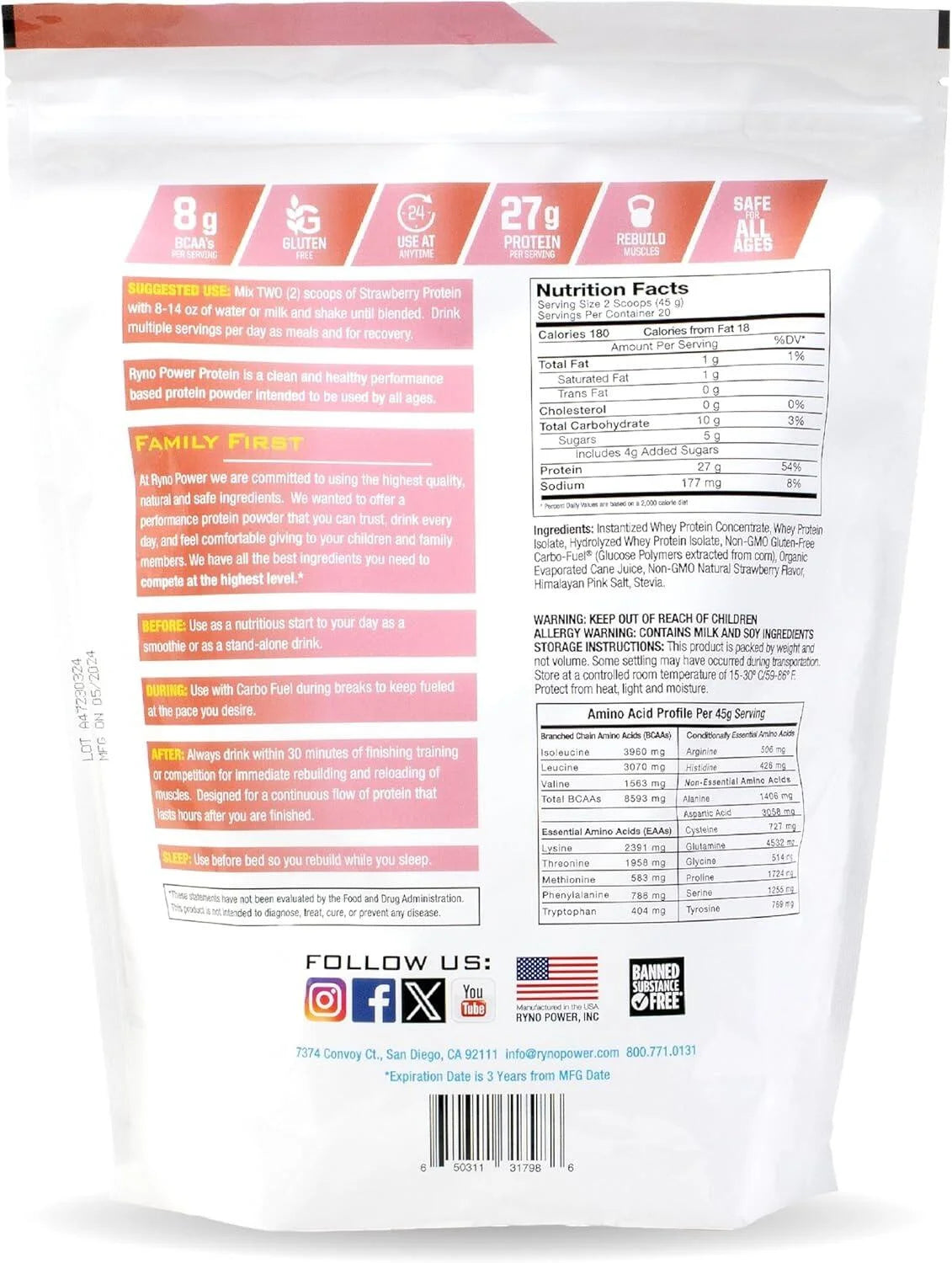 Ryno Power Protein Powder 2lb (20 serv) - Strawb