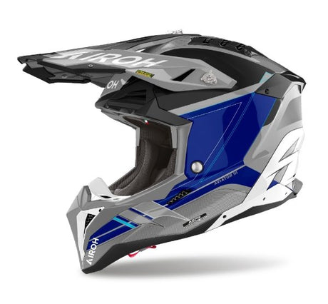 Airoh Aviator 3 Saber Blue Gloss MX Helmet with 22:06 certification, motocross protective gear