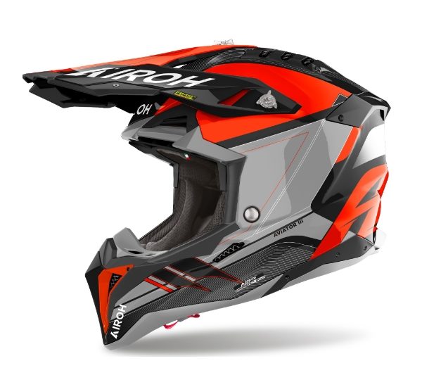 Airoh Aviator 3 Saber Orange Gloss MX Helmet with 22:06 certification, motocross helmet in vibrant orange and black design