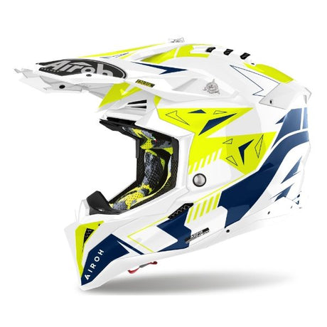 Airoh Aviator 3 Spin Yellow Blue Gloss MX Helmet with visor, side view