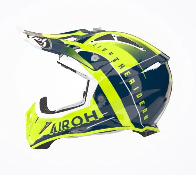 Airoh Aviator Ace Amaze Blue Gloss MX Helmet featuring aerodynamic design and vibrant blue graphics