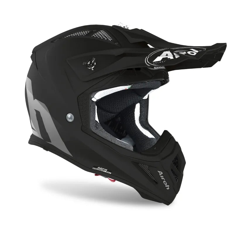 Airoh Aviator Ace Color Matt Black MX Helmet featuring a sleek matte black finish and aerodynamic design