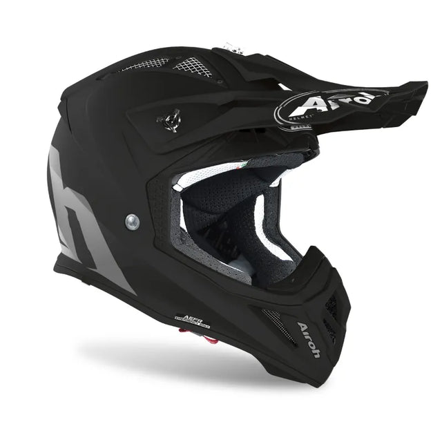 Airoh Aviator Ace Color Matt Black MX Helmet featuring a sleek matte black finish and aerodynamic design