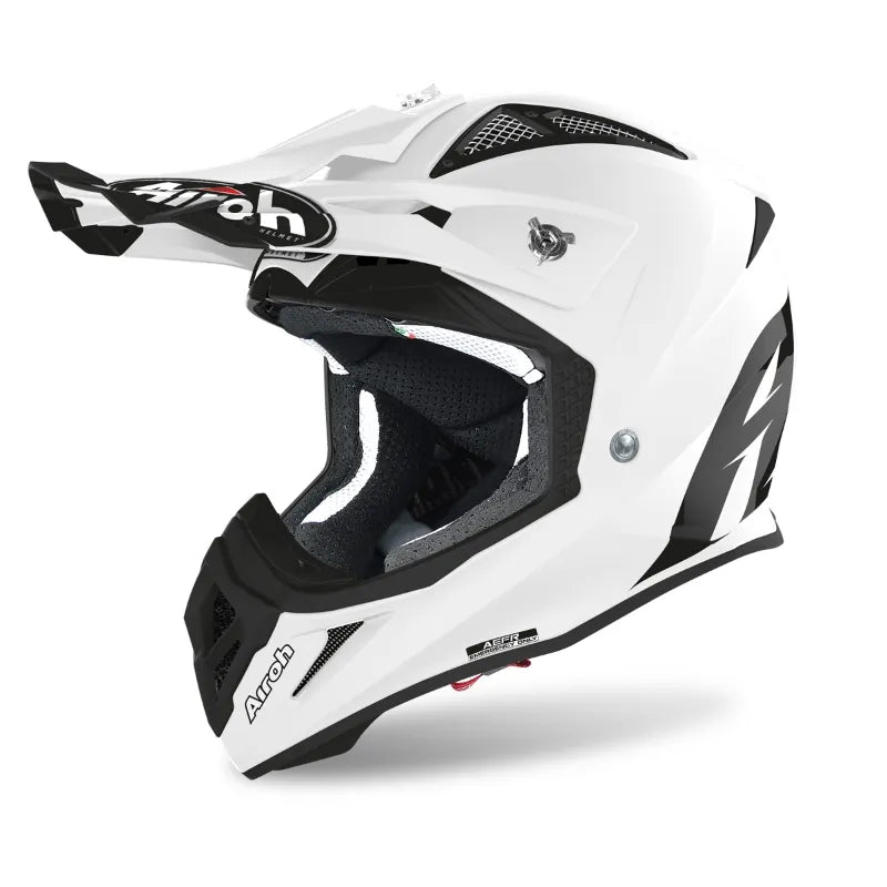 Airoh Aviator Ace Color White Gloss MX Helmet front and side view showcasing glossy white finish and aerodynamic design