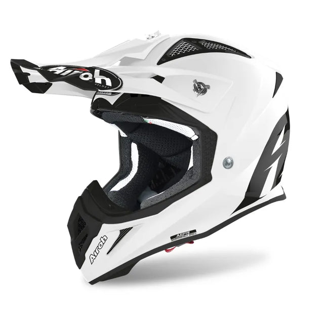 Airoh Aviator Ace Color White Gloss MX Helmet front and side view showcasing glossy white finish and aerodynamic design