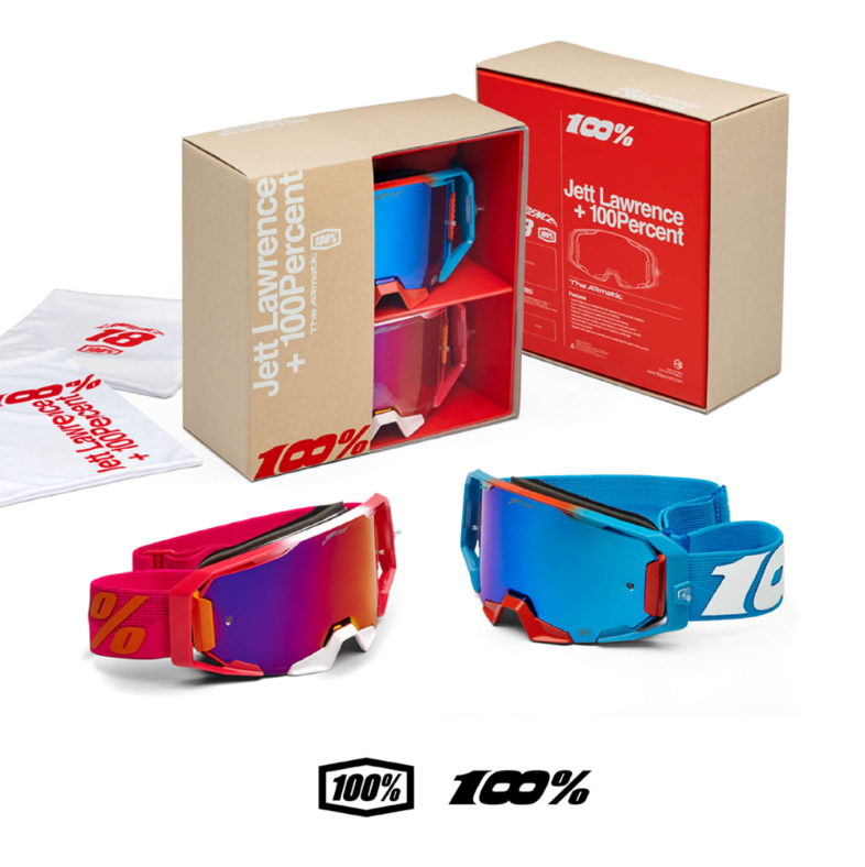 100% ARmatic Jett Lawrence Limited Edition Goggle Pack featuring a sleek design and vibrant colors, ideal for motocross enthusiasts.