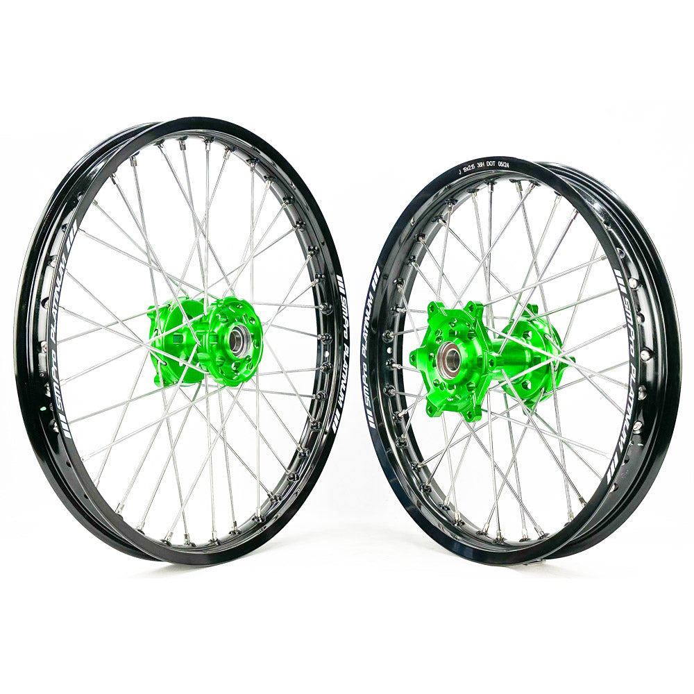 SM PRO PLATINUM WHEEL SET KAWASAKI KXF250 21-25, KXF450 19-25 GREEN HUB BLACK RIM