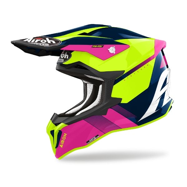 Airoh Strycker Blazer Blue and Pink Gloss MX Helmet front and side view