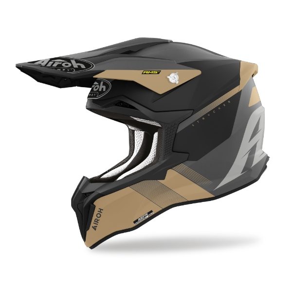 Airoh Strycker Blazer Gold Matt MX Helmet featuring a matte gold finish and advanced motocross design