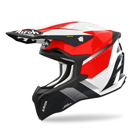 Airoh Strycker Blazer Red Gloss MX Helmet featuring a vibrant red and black design with gloss finish, premium motocross safety gear