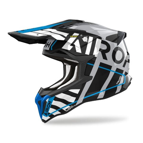 Airoh Strycker Brave Blue/Grey Gloss MX Helmet featuring a bold blue and grey design with a glossy finish