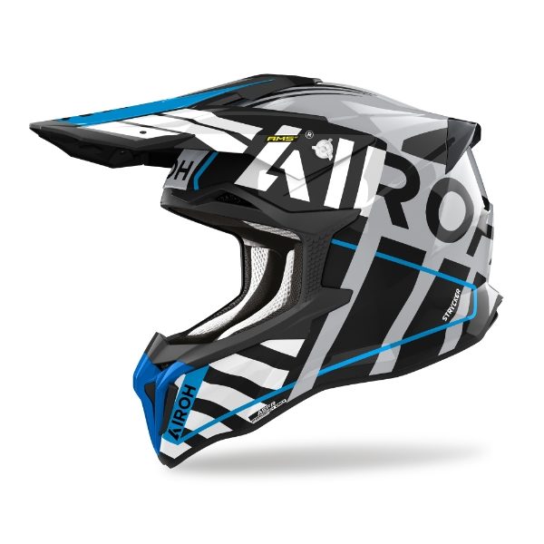 Airoh Strycker Brave Blue/Grey Gloss MX Helmet featuring a bold blue and grey design with a glossy finish