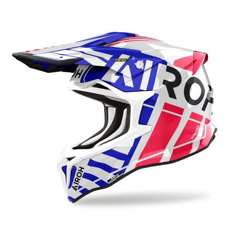 Airoh Strycker Brave Blue/Red Gloss MX Helmet featuring a bold blue and red design with a glossy finish, ideal for motocross riders.