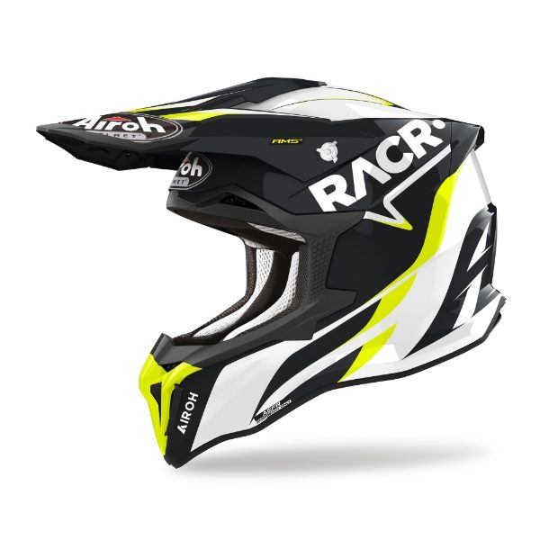 Airoh Strycker Racr Gloss MX Helmet featuring a sleek gloss finish and advanced motocross design