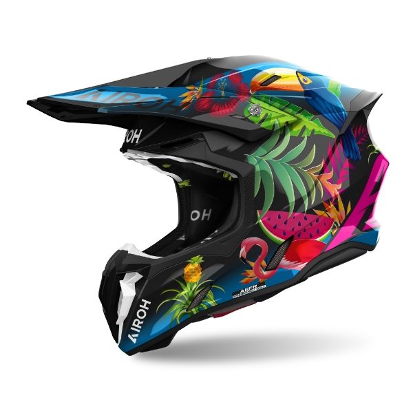 Airoh Twist 3 Amazonia Gloss MX Helmet featuring a glossy green and black motocross design