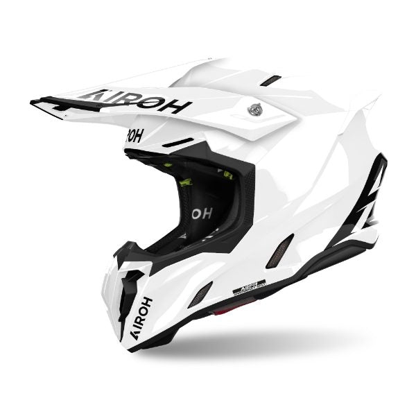 Airoh Twist 3 Color White Gloss MX Helmet front and side view showing sleek aerodynamic design and glossy white finish