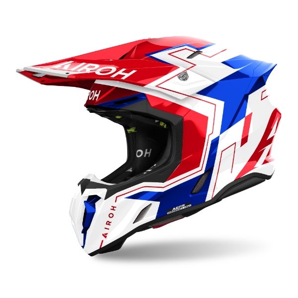 Airoh Twist 3 Dizzy Blue/Red Gloss MX Helmet featuring vibrant blue and red graphics with a glossy finish, designed for motocross safety and style