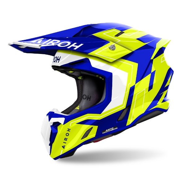Airoh Twist 3 Dizzy Blue and Yellow Gloss MX Helmet front and side view with vibrant graphics