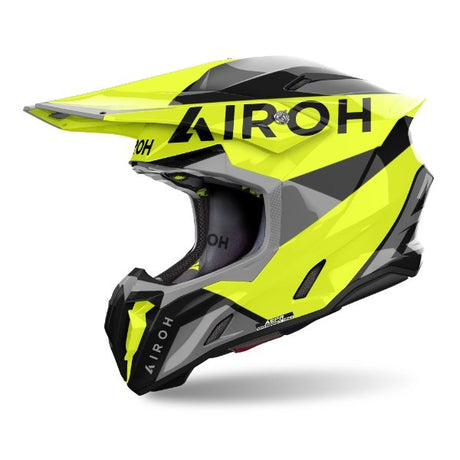 Airoh Twist 3 King Yellow Gloss MX Helmet featuring a vibrant yellow design with black accents, lightweight motocross protection, and modern aerodynamic shape