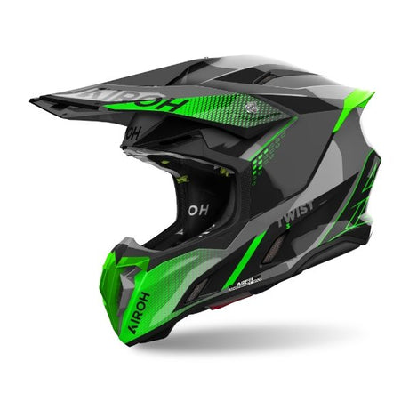 Airoh Twist 3 Shard Green Gloss MX Helmet featuring a vibrant green and black design with aerodynamic shape