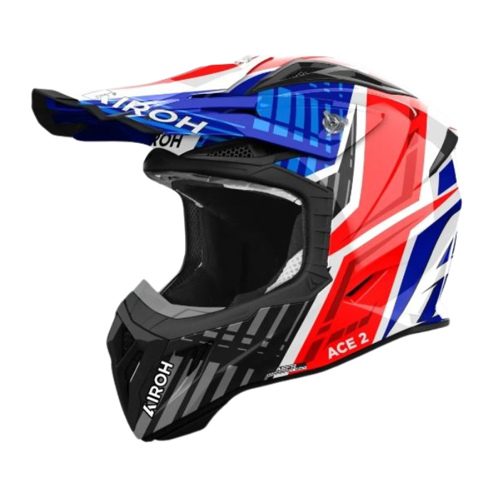 Airoh Aviator Ace 2 Proud Blue/Red Gloss MX Helmet featuring vibrant blue and red graphics with a glossy finish, designed for motocross safety and style