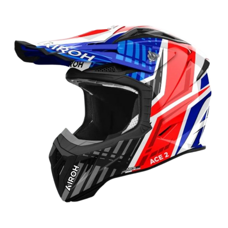 Airoh Aviator Ace 2 Proud Blue/Red Gloss MX Helmet featuring vibrant blue and red graphics with a glossy finish, designed for motocross safety and style