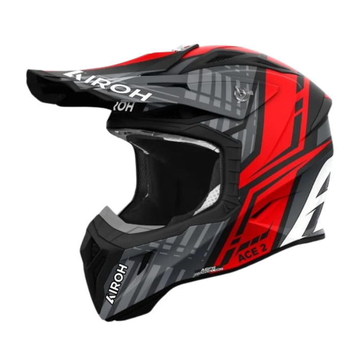 Airoh Aviator Ace 2 Proud Red Matt MX Helmet side view showing sleek red, white, and black motocross design