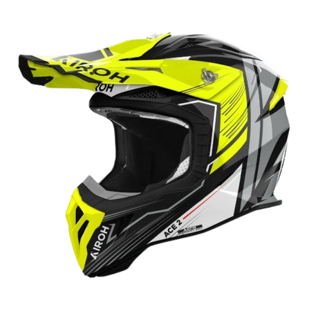 Airoh Aviator Ace 2 Engine Yellow Gloss MX Helmet featuring a vibrant yellow design with aerodynamic shape and motocross style.
