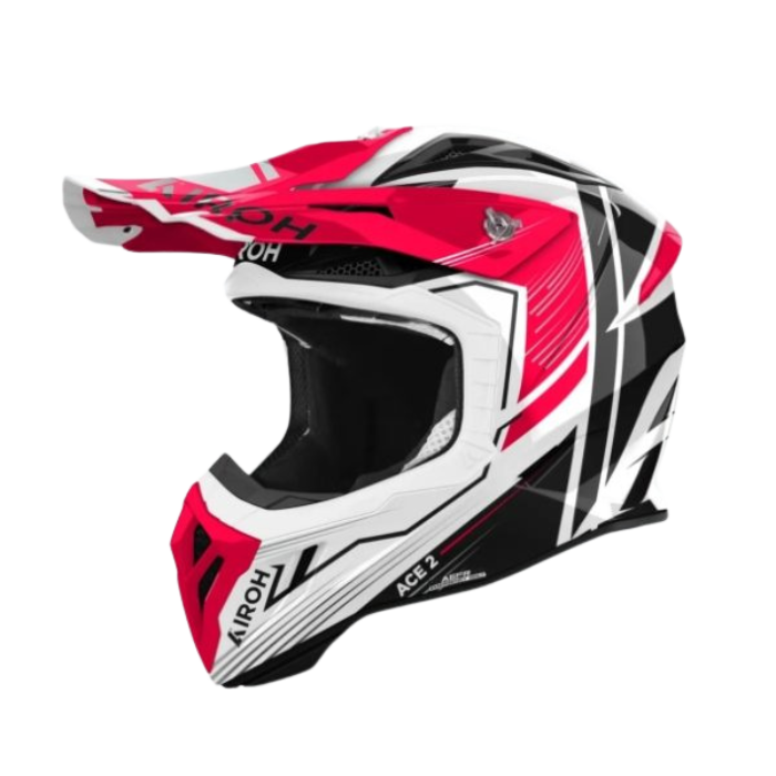 Airoh Aviator Ace 2 Engine Red Gloss MX Helmet front and side view showcasing aerodynamic design and vibrant red finish
