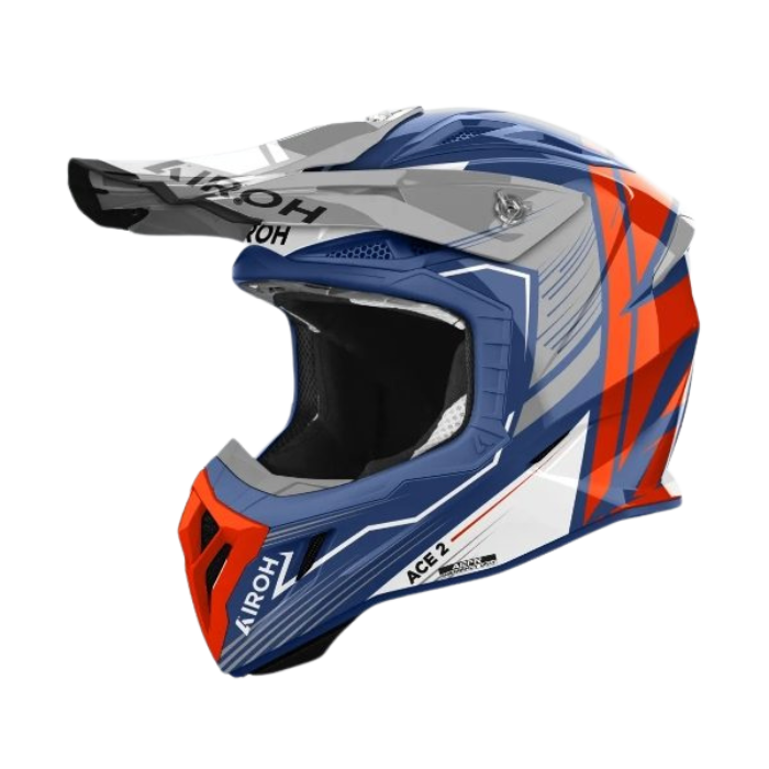 Airoh Aviator Ace 2 Engine Cerulean Gloss MX Helmet with blue and white graphic design, full-face motocross helmet