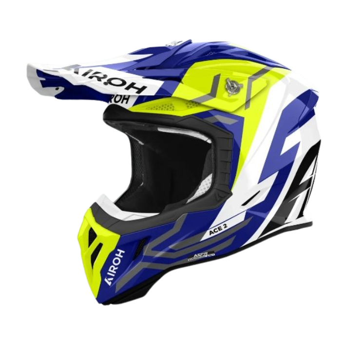 Airoh Aviator Ace 2 Ground Yellow Gloss MX Helmet featuring a vibrant yellow design with gloss finish, front and side air vents, and aerodynamic motocross style