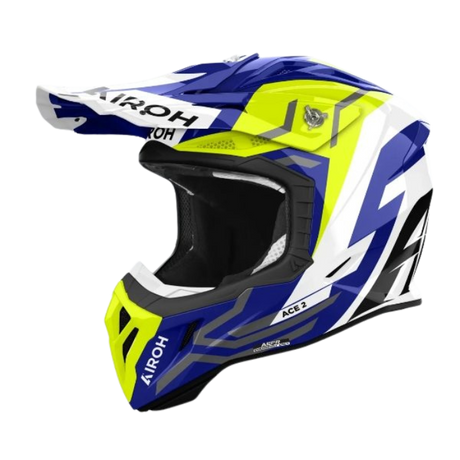 Airoh Aviator Ace 2 Ground Yellow Gloss MX Helmet featuring a vibrant yellow design with gloss finish, front and side air vents, and aerodynamic motocross style